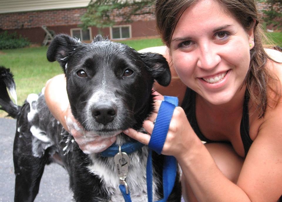 Woman with her arms around black and white dog covered in soap suds. 