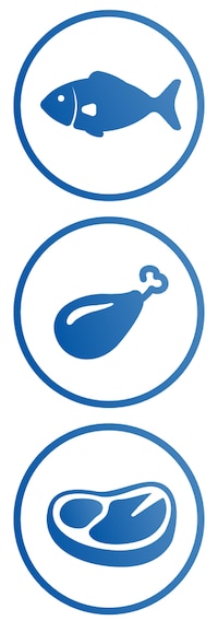 blå fisk, kyckling, nötkött ikon