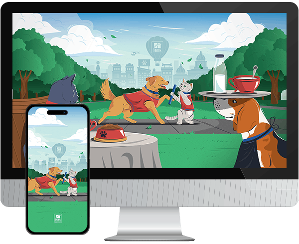 Desktop & mobile example of  "Play Like Cats and Dogs wallpaper" pet wallpaper for phones